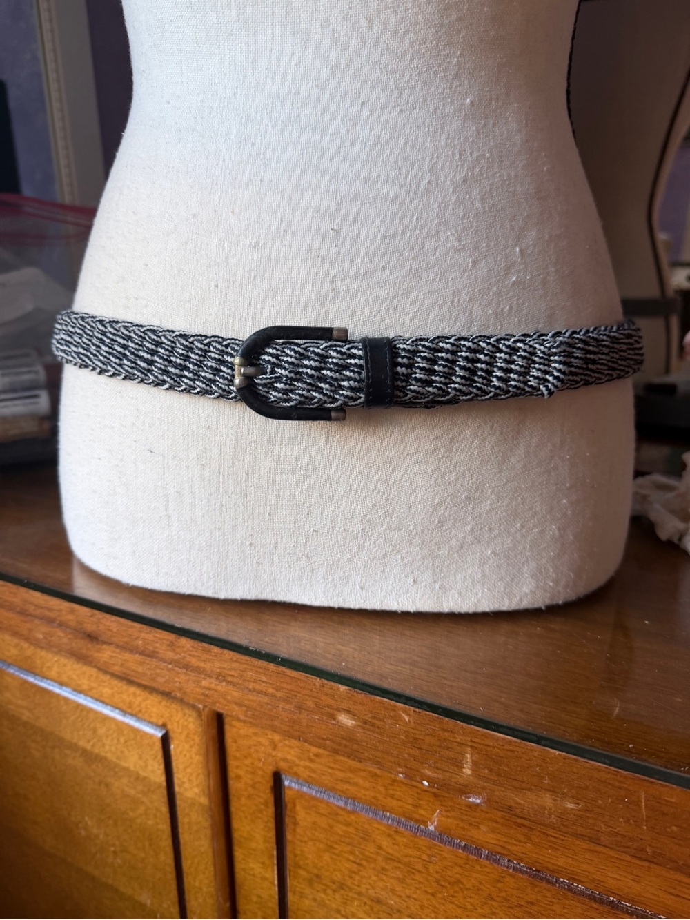 Neiman Marcus 39” Black & White Braided Belt w Dark Leather and Brass Hardware